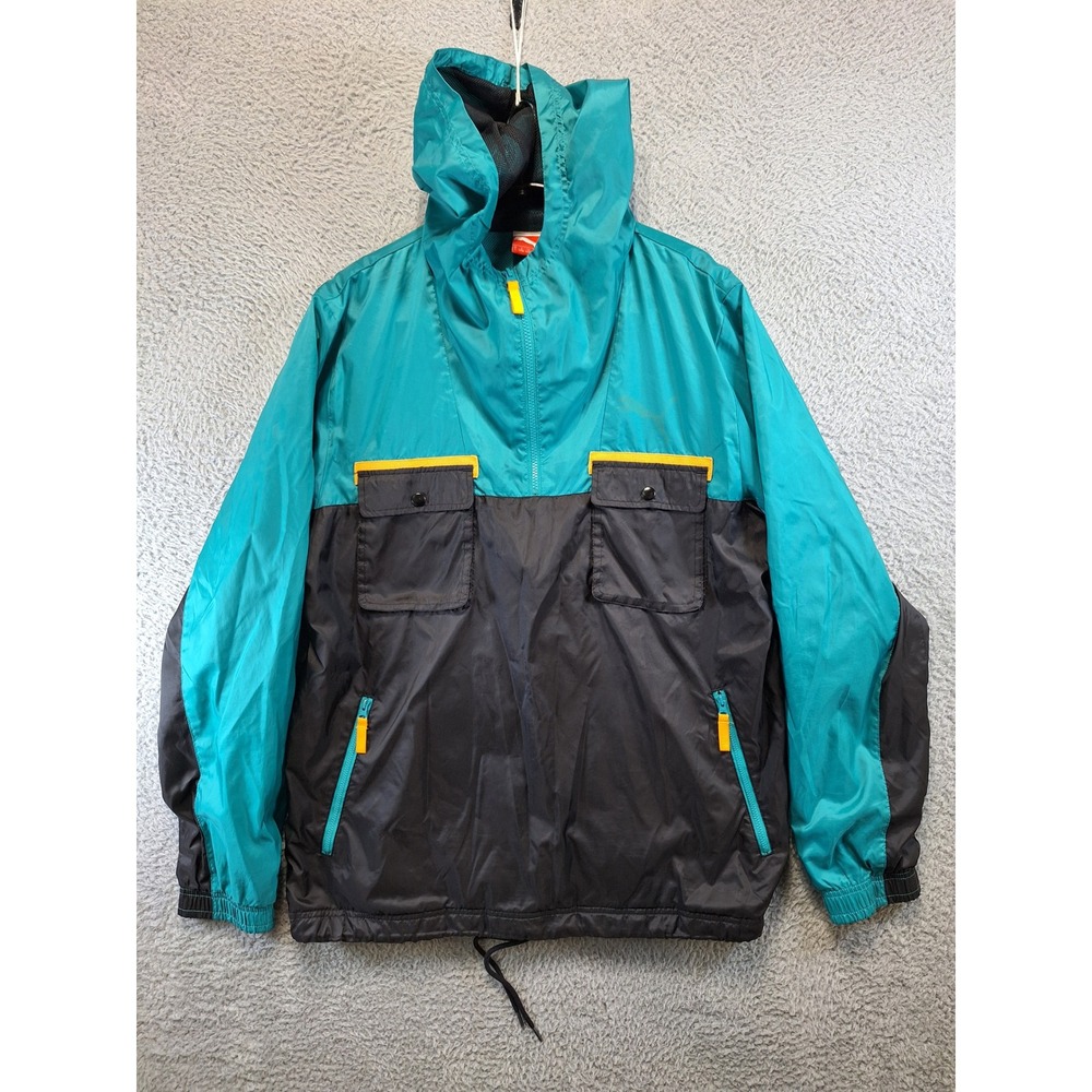 Puma Windbreaker Jacket Large Teal Black Hooded Pullover Sporty Retro Athleisure